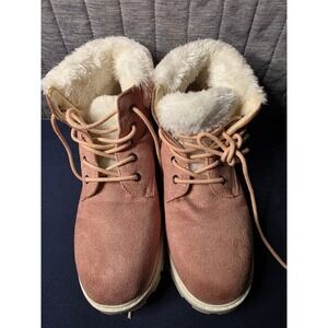 639 Thereabouts Rodeo Pink Faux Fur Lace Up Ankle Boots Memory Foam Lug Sole
